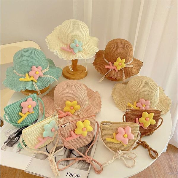 Chapéus de aba larga conjunto de chapéu de palha para meninas de verão bolsa 2023 flor sol panamá bebê menina atacado