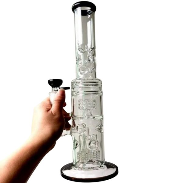 16-Zoll-schwarze Bong-Wasserpfeifen mit Reifenperkolatoren, Mehrloch-Wasserrecycler-Rauchpfeifen mit Schalen für weibliches 14-mm-Gelenk