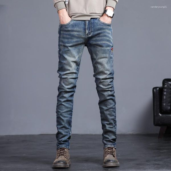 Jeans da uomo 2023 Primavera Estate Vintage Blu Tinta unita Elastico Classico Uomo Slim Fashion Denim Pantaloni Uomo 27-38