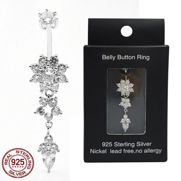 Ombelico Bell Button Rings Arrivato 925 Sterling Silver Belly Ring Bar Barbell Flower Shape CZ Piercing Jewelry 230729
