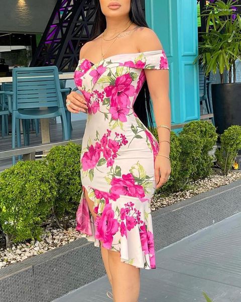 Vestidos Casuais Estampa Floral Ombro Fora Babados Vestido Bodycon 2023 Mulheres Cintura Alta Swing Vestidos de Verão Lápis Festa Sexy