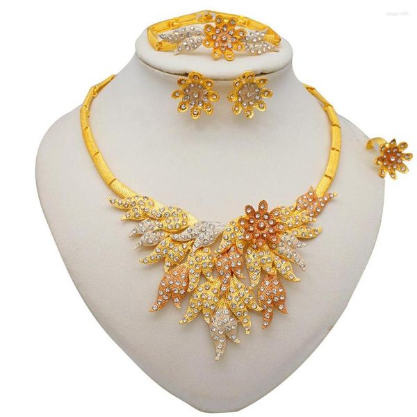 Halskette Ohrringe Set Feine Indien Steine Blatt Ohrring Ring Armband Sets Für Frauen Afrikanische Braut Hochzeit Geschenke Gold Farbe Groß