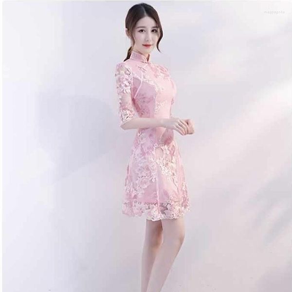 Roupa étnica para meninas vestido Cheongsam rosa 2023 primavera encurtado moda diária estilo jovem chinês modificado Qipao