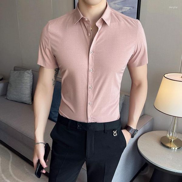 Camisas casuais masculinas de verão clássicas de meia manga, vestido básico sólido, rosa, remendo único, formal, formal, formal, formal, escritório, ajuste, camisa social