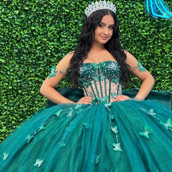 Verde esmeralda brilhante querida vestidos de 15 anos 2024 quinceanera vestidos frisados arco luxo festa de aniversário vestidos de baile