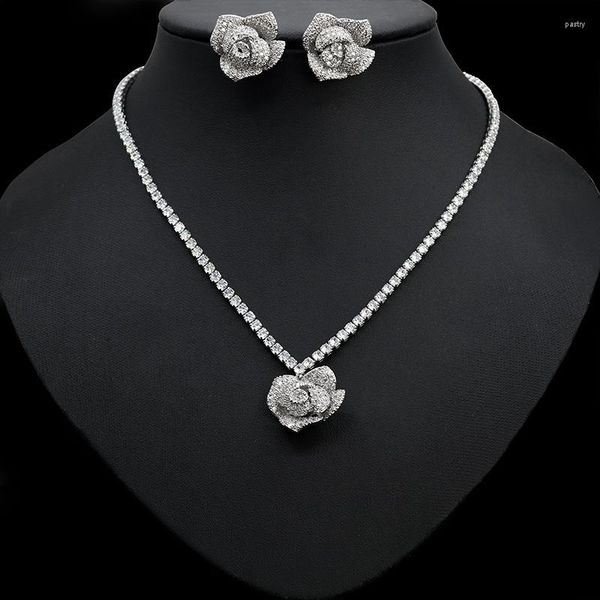 Halskette Ohrringe Set Luxus Braut Micro Pave Zirkonia Big Rose Blumenring für Hochzeitsgeschenk