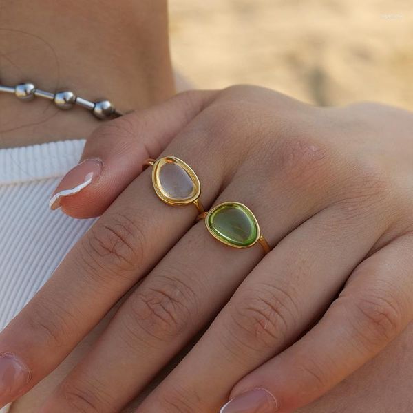 Trauringe Minar Minimalistisch Klar Weiß Grün Farbe Harz Geometrischer Charme Für Frauen 18 Karat Vergoldeter Titanstahl Verstellbarer Ring