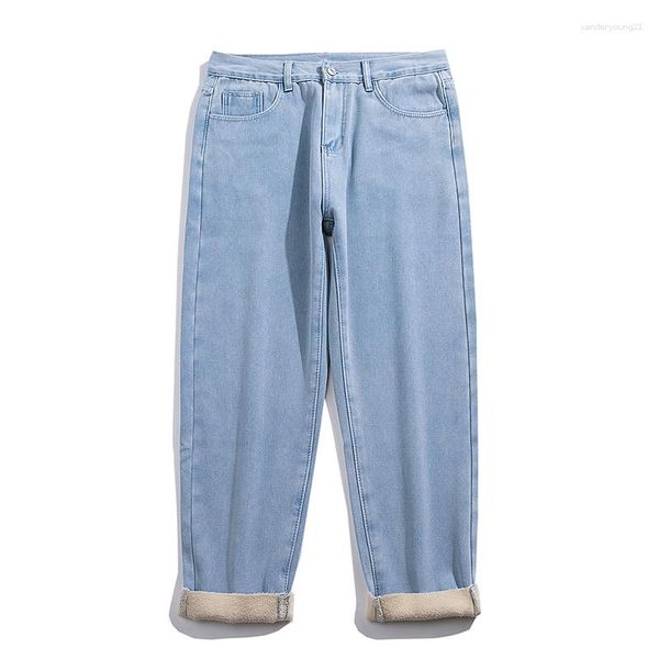 Männer Jeans Streetwear Winter Fleece Warm Baggy Koreanischen Stil Mode Lose Alle Match Breite Bein Hosen Klassische Männliche Denim hosen