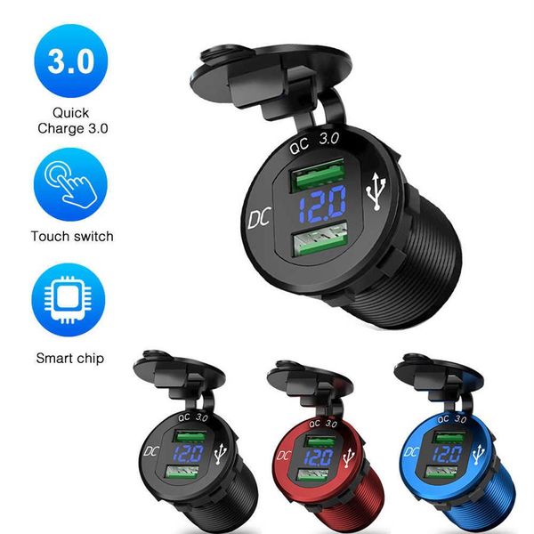 Quick Charge 3 0 Dual USB Caricabatterie Presa di corrente Caricabatterie digitale Display di tensione impermeabile in alluminio per 12V 24V Auto Moto Car232g