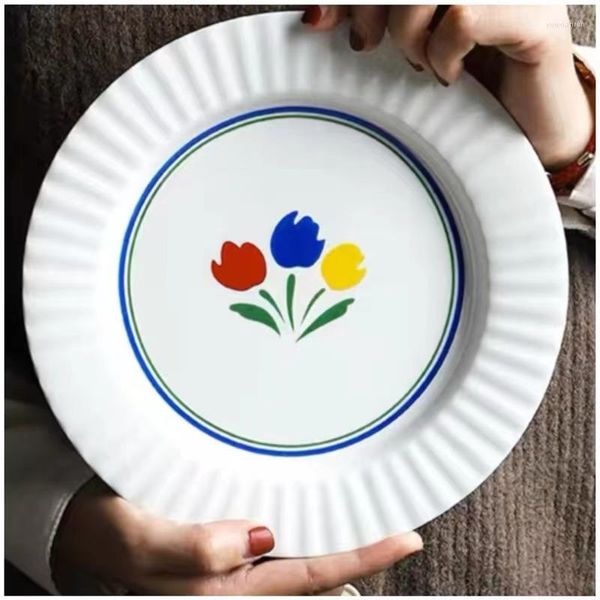 Piatti Romantico Retro Tulipano Ceramica Fiore Francese Piatto Colazione Semplice E Generoso Pizzo Creativo Stoviglie Per La Casa Vajilla