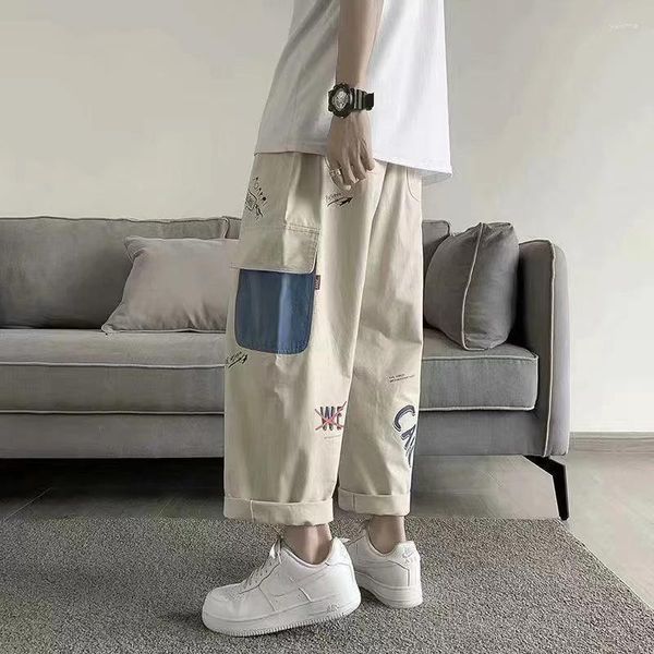 Calça Masculina Khaki Cargo Com Estampa Larga Solta Calça Casual Masculina Verão Algodão Coreano Streetweer Harajuku Desenhos Animados Graffiti