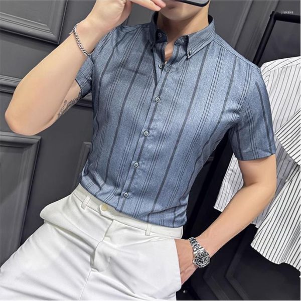 Мужские повседневные рубашки 2023 Летние корейские тонкие стройные полоса