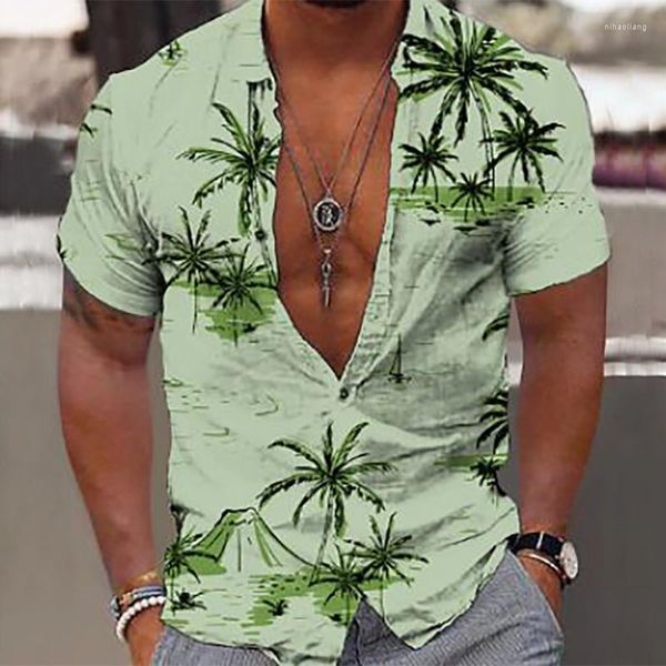 Camisas casuais masculinas 2023 camisa de botão manga curta lapela havaiana manga curta blusa com estampa de planta de coco