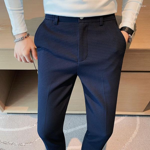 Calça Masculina 2023 Outono/Inverno Waffle Waffle Waffle Design Formal Business Moda Casamento Slim Fit Festa Social