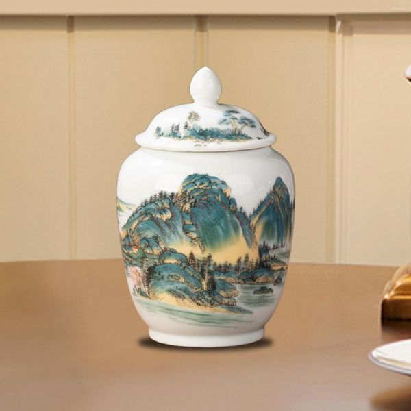 Bottiglie di stoccaggio Vaso in ceramica Ginger Vaso multiuso decorativo con coperchio paesaggio