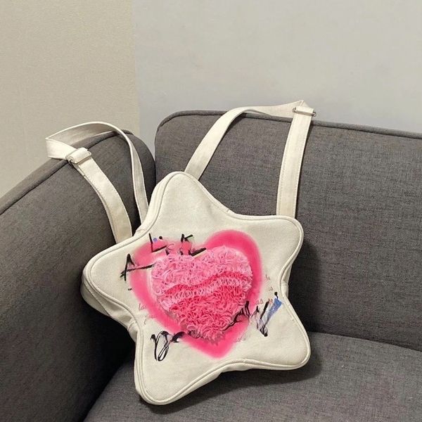 Okul çantaları tatlı pembe kalp baskı y2k moda büyük pentagram sırt çantası 2023 trend s bayan çanta serin kızlar Japon 230729