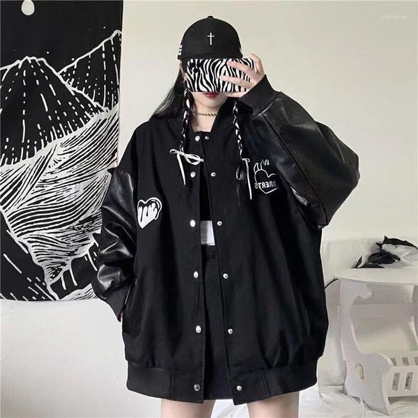 Giacche da donna Patchwork in pelle nera Cappotti Harajuku Baseball Stile preppy Chaquetas Bomber oversize Donna Punk Hip Hop Capispalla