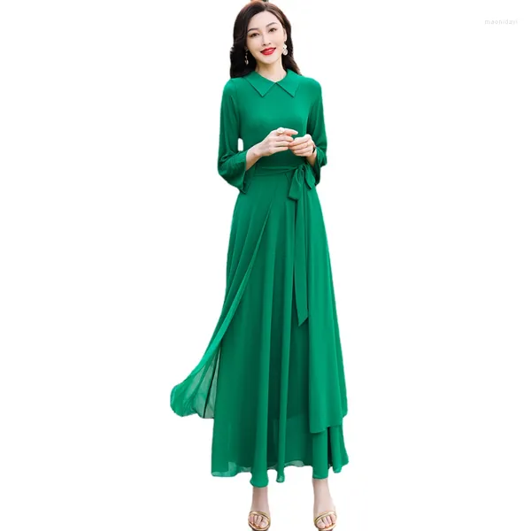 Abiti casual 2023 Maxi abito in chiffon verde a maniche lunghe con collo a polo elegante su misura da donna di alta qualità