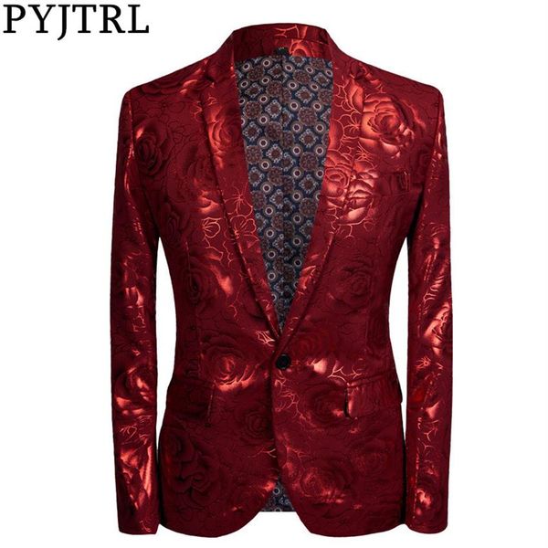 PYJTRL New Tide Men Plus Size Shiny Red Rose Casual Blazer Design Fashion Singer Costume Mens Blazer Slim Fit Suit Jacket267U