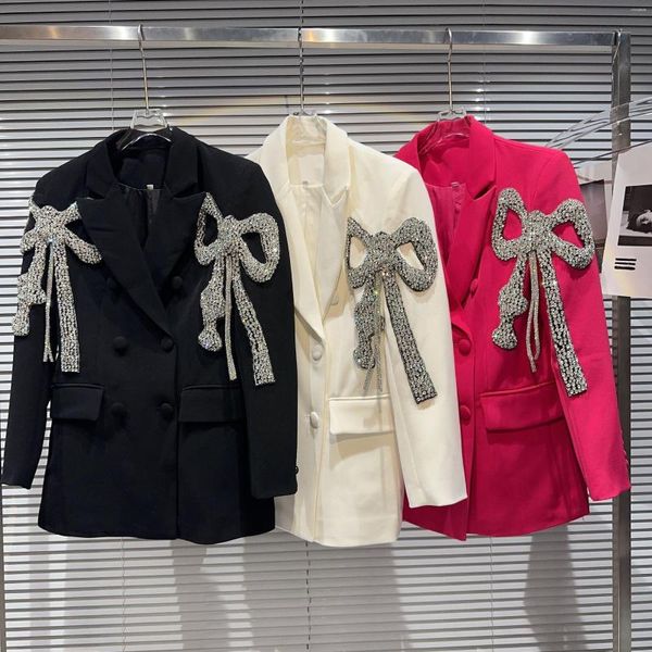 Ternos femininos de luxo com arco de água broca de manga comprida blazers jaquetas para mulheres moda outono trespassado diamantes terno preto elegante casaco