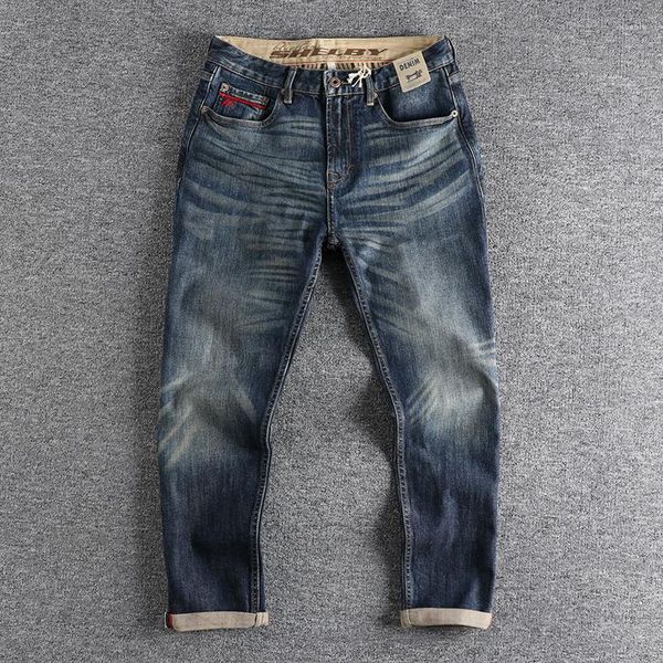 Herren-Jeans, Selvedge-Denim, für Männer, ausgewaschen, im Used-Look, Retro-Hose, lässig, gerade, modische Hose, zum Aufrollen, Kleidung, schwer