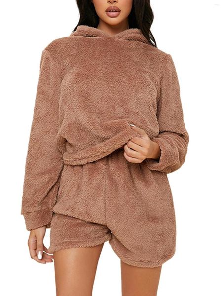 Damen-Nachtwäsche, gemütliches Flanell-Pyjama-Set für Damen, langärmliger Kapuzenpullover und elastische Shorts, Loungewear für weichen Nachtwäsche-Komfort