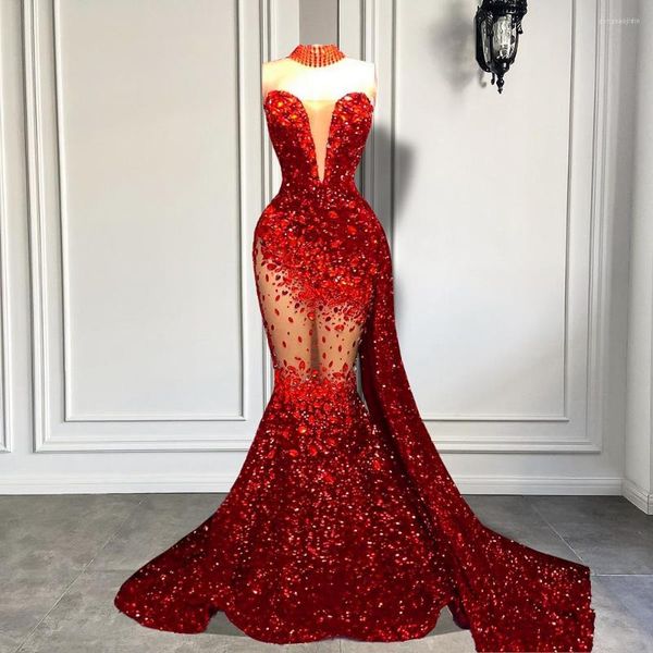 Abiti da festa arrivo sexy sirena prom 2023 innamorato cristalli di lusso ragazze nere paillettes rosse lunghezza del pavimento abiti di gala