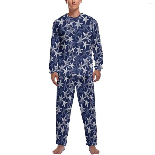 Мужская одежда для сна белая звезда пижамы Мужские морские темно -синие теплый весенний с длинным рукавом 2 кусок спальни набор спальни