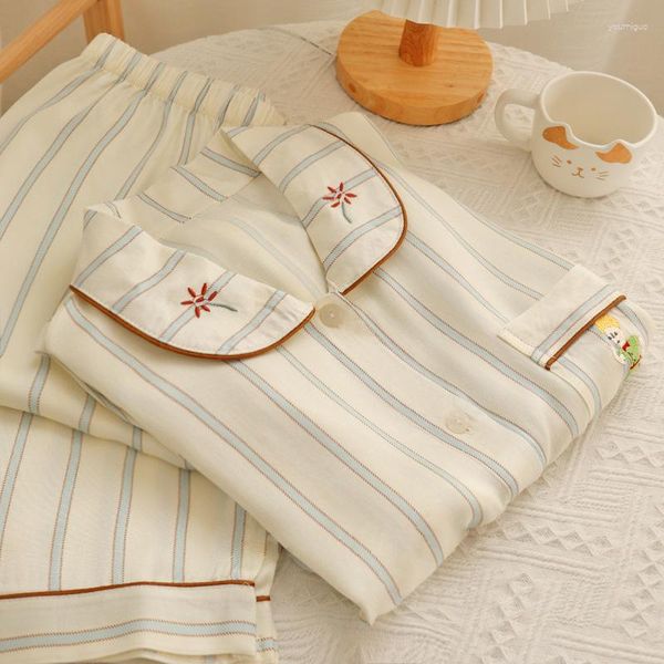 Roupa de dormir feminina Conjunto de pijama listrado de outono estampado bordado tipo seda Roupa de dormir Little Fresh Comfort 2023 Est Roupas de dormir