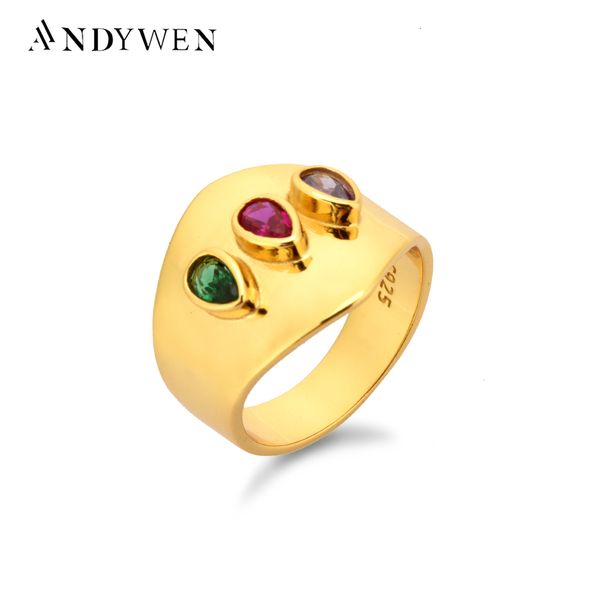 Fedi nuziali ANDYWEN 925 Sterling Silver Gold Gemstone Big Large Three Zircon Red Green Brown Colorful Rock Punk Jewelry 230729