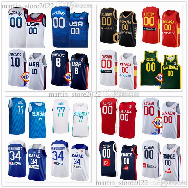 Camisas de basquete da Copa do Mundo da Fiba 2023 Banchero Ricky Rubio Antetokounmpo Gilgeous-Alexander Campazzo USAmerican Espanha França Canadá Grécia Eslovênia Argentina