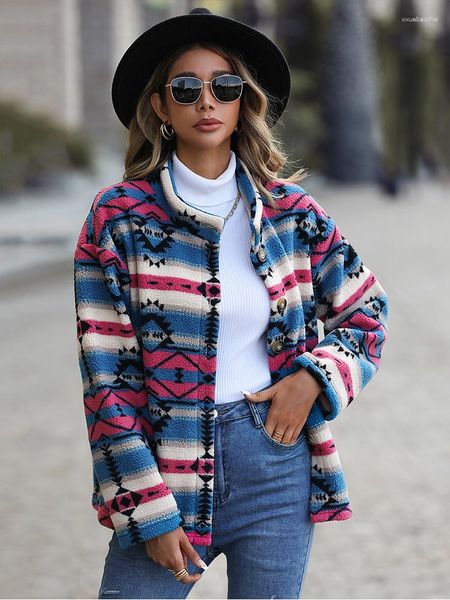 Jaquetas femininas Jaqueta vintage 2023 Manga comprida solta Denim Costura Lã Seio único Estampa geométrica Aztec Goth Coat