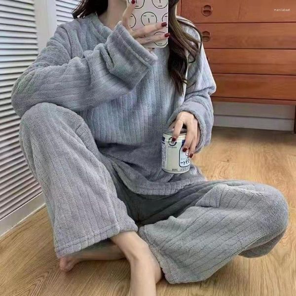 Roupa de dormir feminina sólida conjunto de pijama feminino inverno lã veludo 2 peças calça para casa terno fofo coreano fofo piiama quente para dormir noite