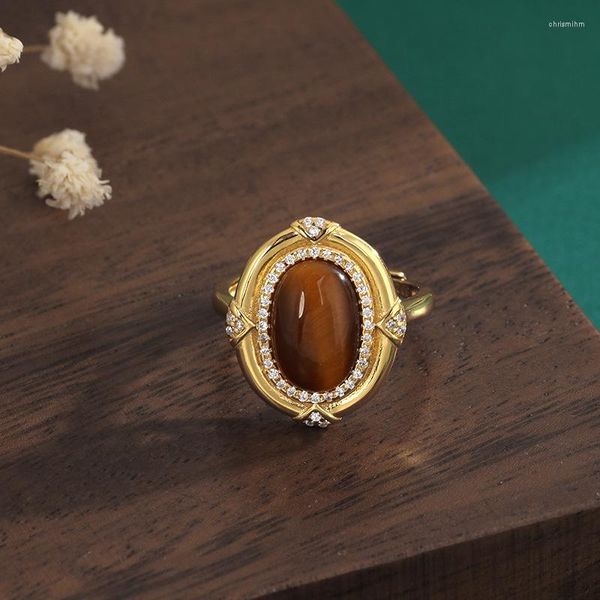 Кластерные кольца желтое тигрное кольцо натуральные подарки аксессуары Jade Stone Fashion Регулируемые украшения 925 Серебряный драгоценный камень