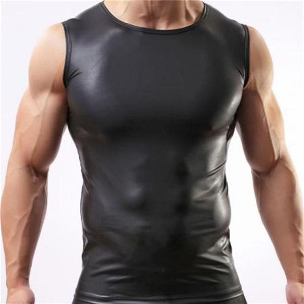 Ganze-2016 Schwarz Farbe Männer Sexy Weste Kunstleder Feste Männliche Tank Tops Unterwäsche Schlank Tragen Größe M L XL Whole303L