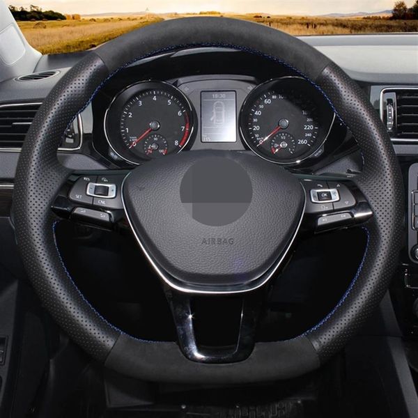 Capas de volante de carro de camurça de couro genuíno preto macio DIY para Volkswagen VW Golf 7 Mk7 novo Polo Jetta Passat B8 Tiguan208k