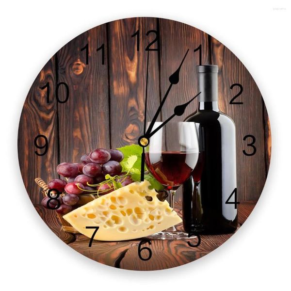 Relógios de parede Vinho Queijo Uvas Relógio Sala de Estar Decoração da Casa Grande Redondo Mudo Quartzo Mesa Decoração do Quarto Relógio