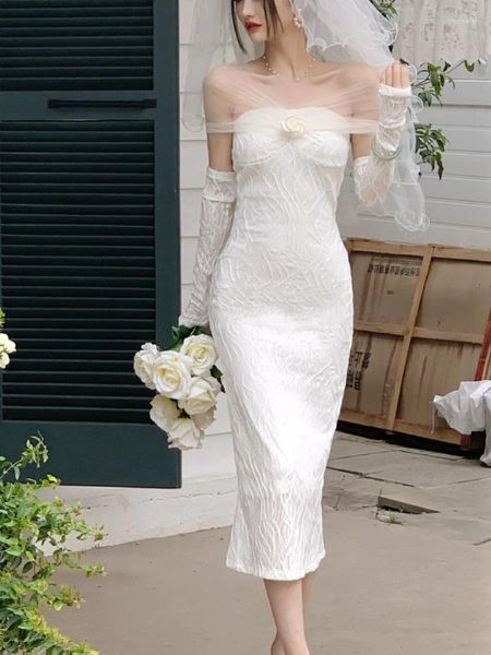 Повседневные платья лето 2023 винтажные белые элегантные платья женщины шикарные с длинным рукавом официально корейская пляжная вечеринка офис Леди Миди