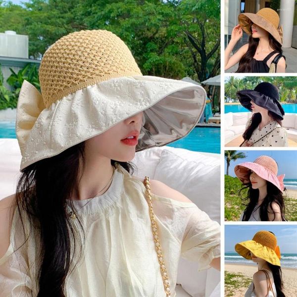 Cappelli a tesa larga Ruffle Sun Hat Knitting Dome vuoto Bowknot Decor Process Women Patchwork Color Travel Bucket Accessori moda