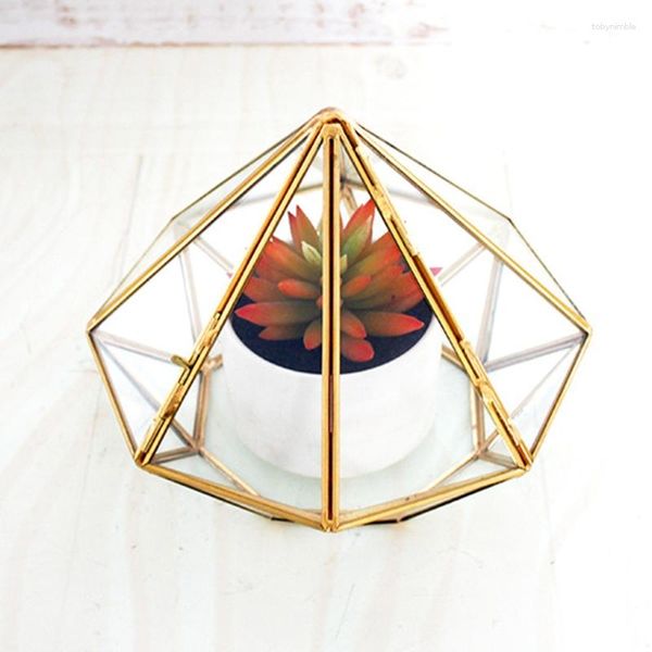 Schmuckbeutel, handgefertigt, Gold, offenes Glas, geometrisches Terrarium, Messing, Diamant, saftig, Farn, Moos, P 1XCA