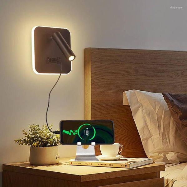Wandlampensockel schaltet moderne einfache Schwarz/Weiß-Nachttischleuchte mit USB-Anschluss, LED-Leselicht für Innendekoration
