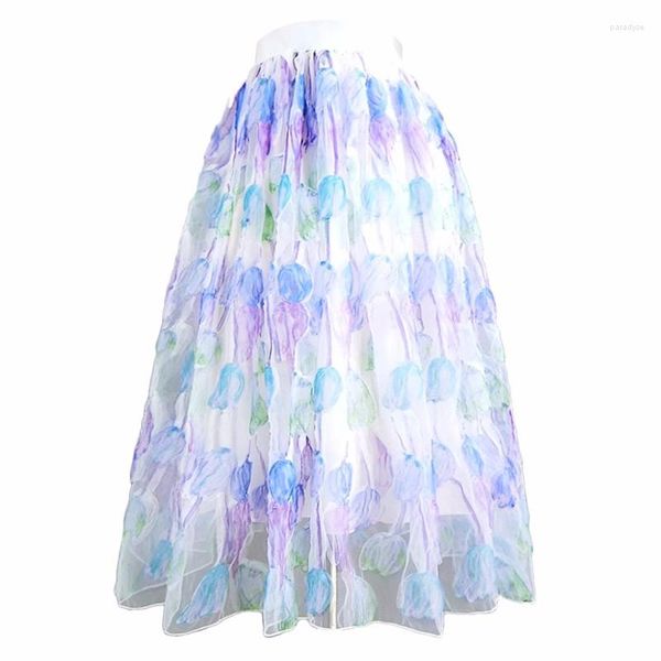 Saias 2023 Verão Feminino Estilo Coreano Elegante Princesa Cutecore Pastel Pena Bordado Cintura Alta Saia Longa De Malha Tule Para Festa