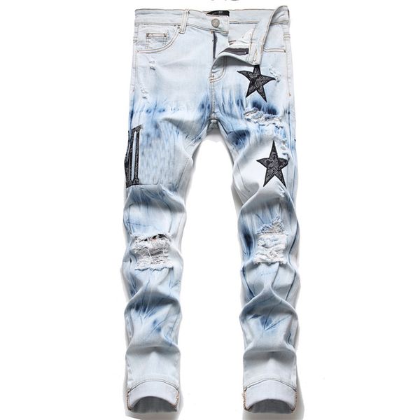 Boy Mens Designer Pants Mor Kot Panda Nakış için Büyük Boy Erkek Sıska Kadın Yamalı Yama Deliği Denim Düz Street Giyim Koyu Yıkama İnce Fit kot pantolon