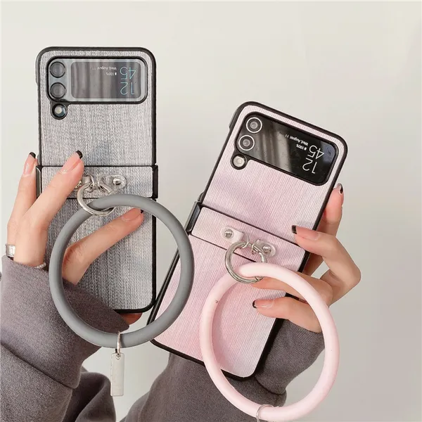 Pulseira Pulseira de Luxo Couro Vintage Capa Vogue para Celular Samsung Galaxy Folding Z Flip3 Flip4 5G Durável Elegante Cor Sólida Fold Shell com Proteção de Dobradiça
