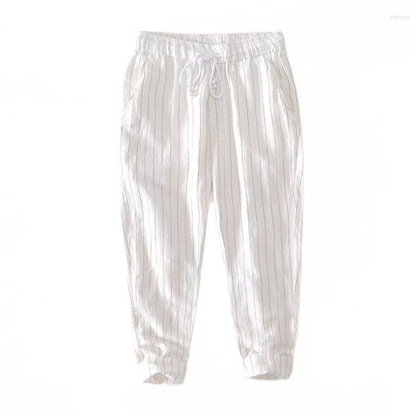 Pantaloni da uomo a righe casual estate sottile contrasto elastico in vita allacciati piccoli piedi tubo dritto allentato grande raccolto