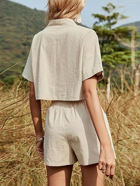 Agasalhos femininos femininos conjunto de linho confortável conjunto de pijama de 2 peças com decote em v top curto mangas curtas shorts de cintura alta e conveniente