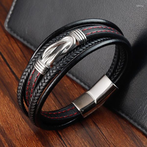 Charm Bracelets Luxury Multi-layer Black Leather Bracelet Geometry Steel Fivele Bangle For Men Punk Jewelry Year Gift