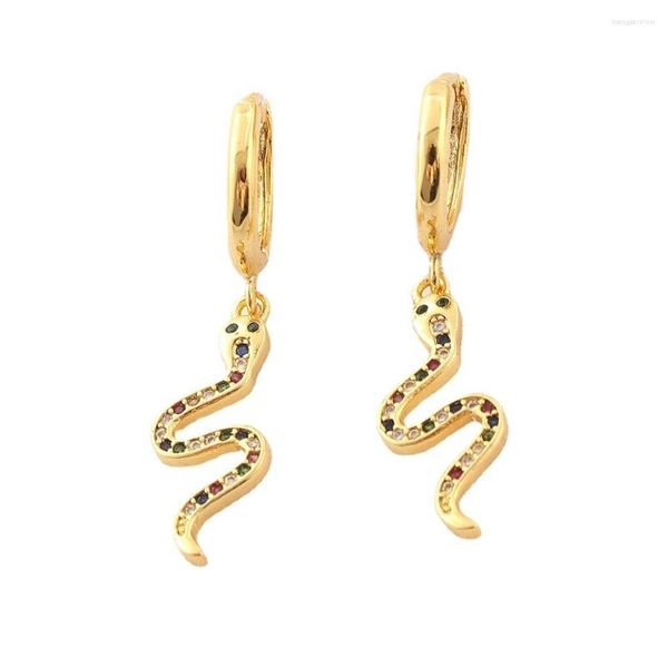 Brincos de argola LuxHoney Fashion banhado a ouro forma de cobra com pingente embutido de zircão colorido Leverback brinco pendente para mulheres OL em festa