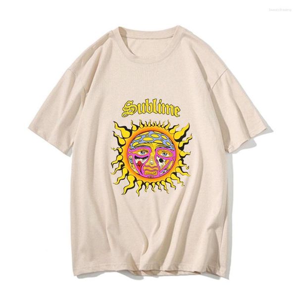 Camisetas masculinas Sublime Sun Retro Cotton White Shirt Men Summer Prevalent Solta High Street T-shirt de manga curta Roupas grandes Y2k Tops