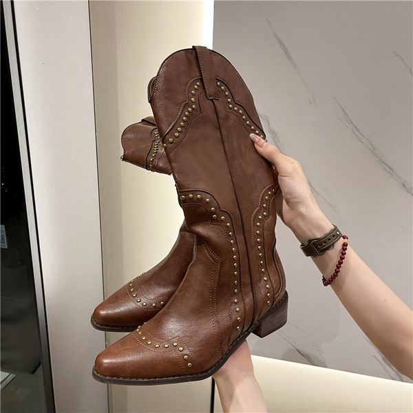 Botas Botas com Tachas Feminina Salto Baixo Cowboy Chelsea Western Couro Curto Joelho Alto Luxo Designer Gothic Rock Sapatos Vintage 230729